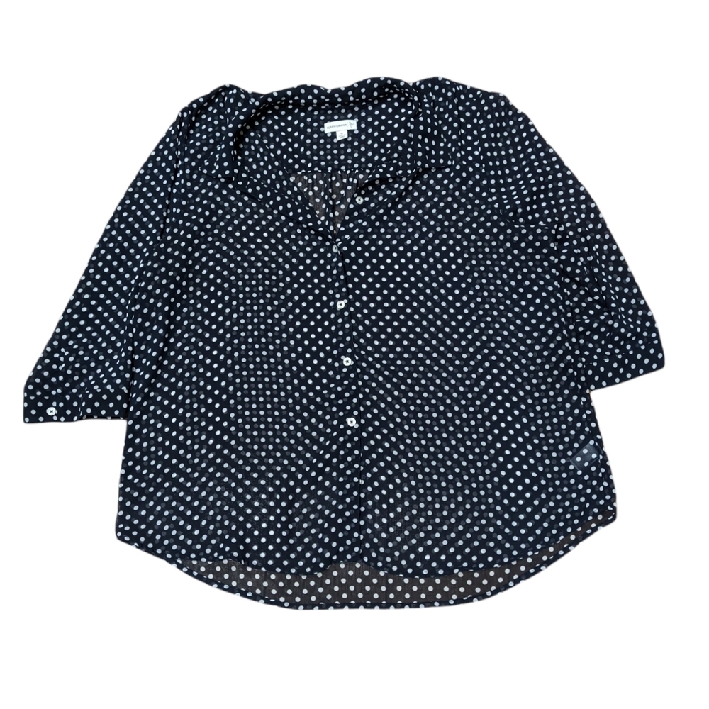 SUSAN GRAVER Women's Navy Blue & White Polka Dot Chiffon Collared Top
